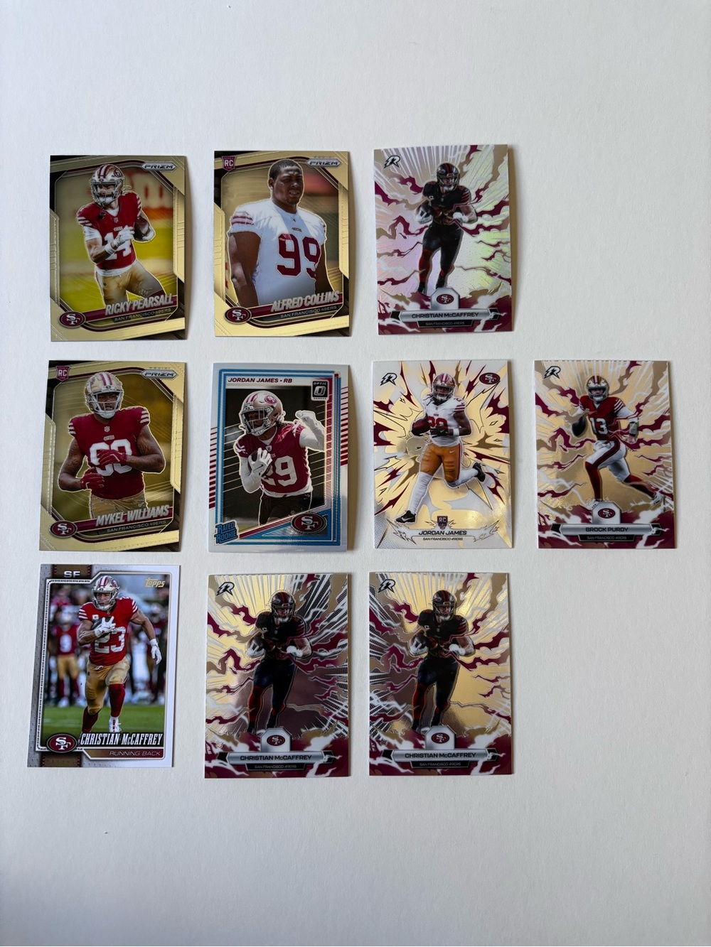 San Francisco 49ers Card Lot (10) Brock Purdy McCaffrey Ricky Pearsall RC Prizm